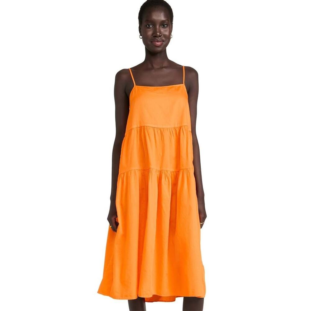 Enza Costa Dress Small Orange Tiered Midi Spaghetti Strap Cotton Made in USA EUC